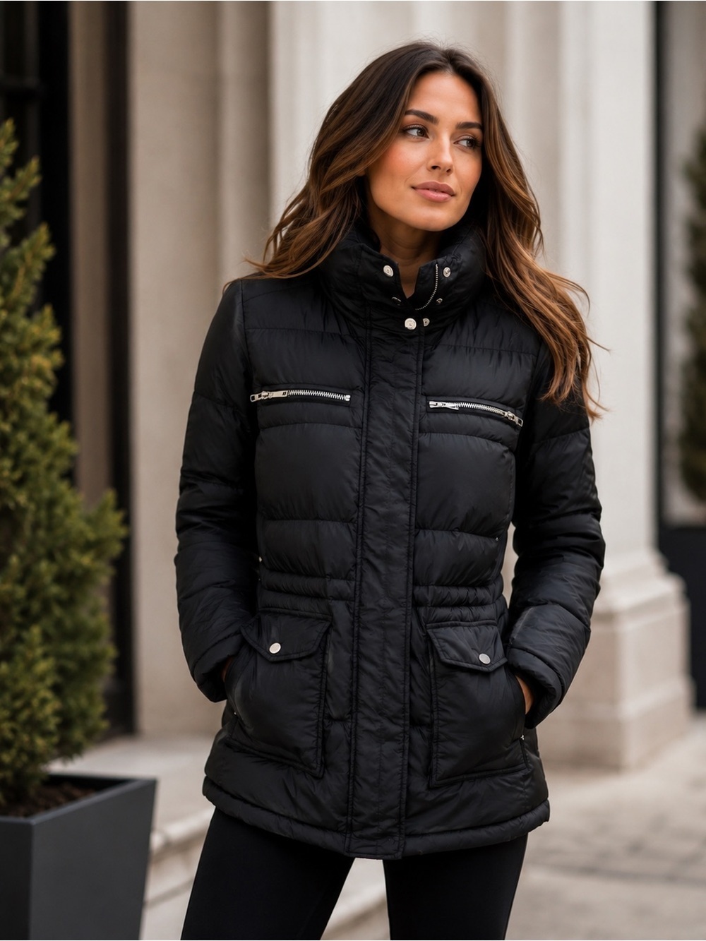 Calvin Klein Black Puffer Jacket Coat Women’s Small Quilted Zip Snap Winter